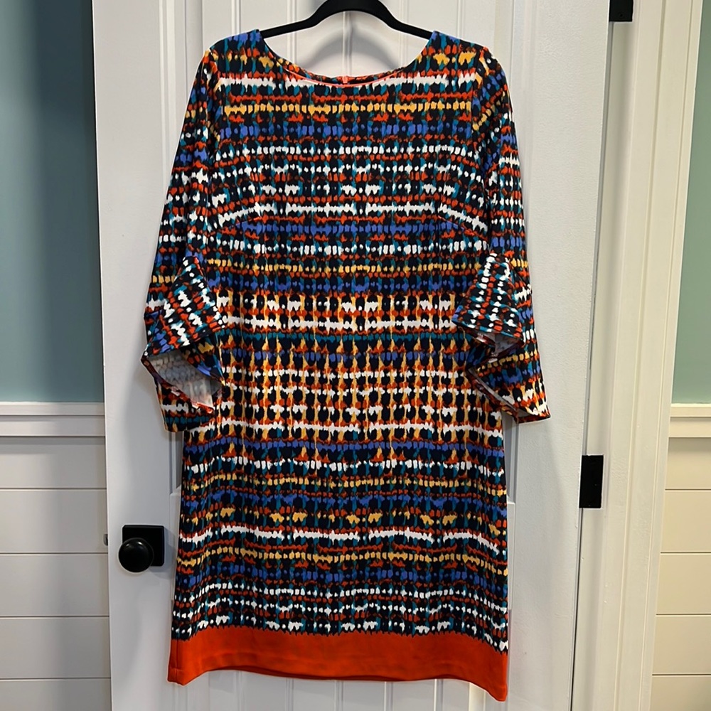 I LE New York Bright, Colorful‎ Dress with Orange Hem and Accents. Size 12.